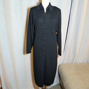 St. John Black Santana Knit Dress Midi Buttons Size 8 Collar Shirt Dress USA